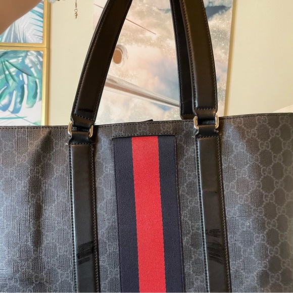HUGE SALE!🎉Gucci Web Tote Bag GG Supreme Black with Navy and Red - Picture 2 of 6